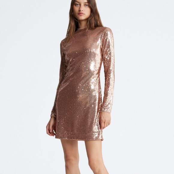 CALVIN KLEIN Rose Gold Sequin Long Sleeve Mini Dress, Size 2 - Picture 1 of 13
